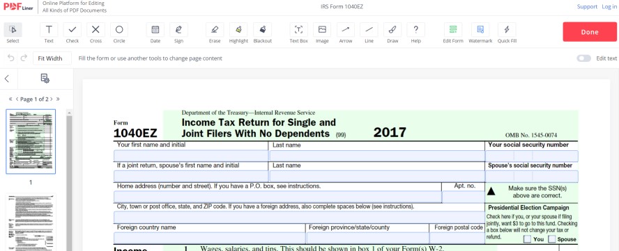 Fillable 1040 EZ Form