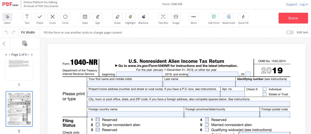 Fillable 1040 NR Form