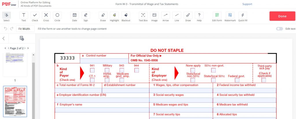 Filliable W-3 Form